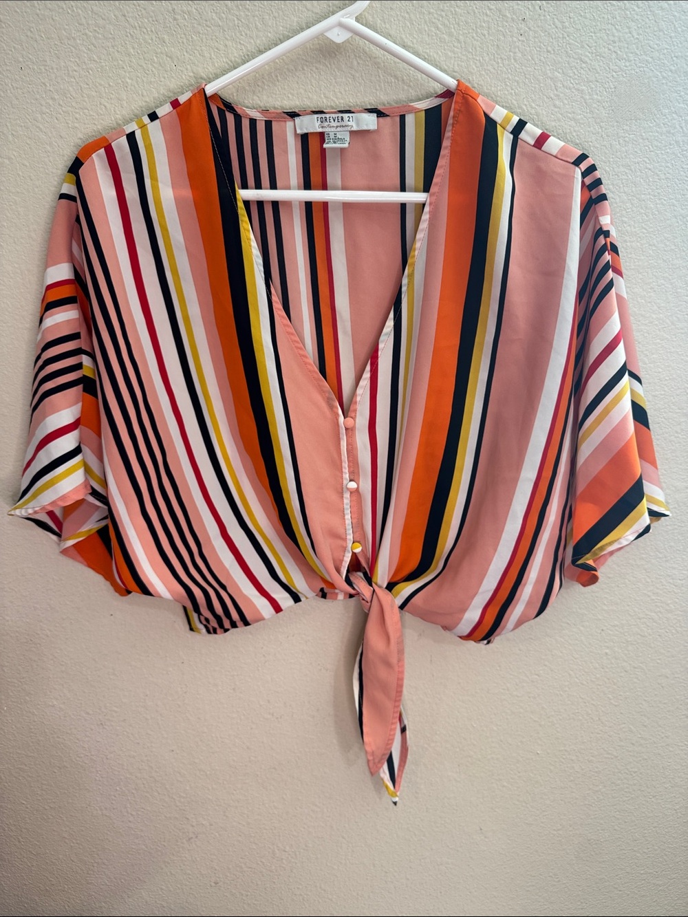 Forever 21 Pink Orange Multi-Stripe Tie-Front Blouse